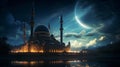 Night mosque, half moon or crescent. Ramadan majestic landscape, islamic holiday. Royalty Free Stock Photo