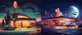 Night motel on the highway, bright cartoon illustrations. Building with interior lighting, concept of travel, cafe in Royalty Free Stock Photo