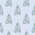 Night moth doodle silhouettes seamless pattern. Insect folk ornament with green details. Simple artwork in blue tones Royalty Free Stock Photo