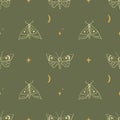 Night moth magic dream seamless pattern. Moon and stars