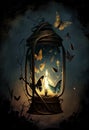 Night moths fly to the light of a lantern. AI Generated