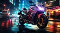 Night motorcycle driving downtown colorful on city streets , like colorful flashes, flash light car photo , Generate AI