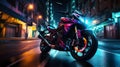 Night motorcycle driving downtown colorful on city streets , like colorful flashes, flash light car photo , Generate AI