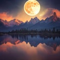 Night mountain atmospheric landscape with a big moon and a calm expanse of the lake. Royalty Free Stock Photo