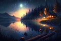 Night mountain landscape with the big full moon and the lakeside cottage, illustration generated by AI