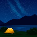 Night mountain landscape with illuminated orange tent and Milky Way. Royalty Free Stock Photo