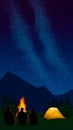 Night mountain landscape with illuminated orange tent, silhouettes of people around the fire, Milky Way Royalty Free Stock Photo