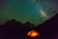 Night mountain landscape with illuminated tent Royalty Free Stock Photo