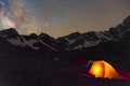 Night mountain landscape with illuminated tent Royalty Free Stock Photo