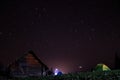 Night mountain landscape with illuminated tent. wooden house and starry sky Royalty Free Stock Photo