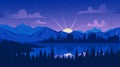 Night mountain landscape with pine forest, lake or river vector illustration. Cartoon evening scenery, reflection of Royalty Free Stock Photo