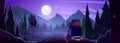 Night mountain road car trip cartoon background Royalty Free Stock Photo