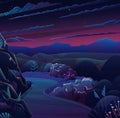 Night in mountaine road, vector cartoon scenery. Hills and tall trees, pine forest on horizon