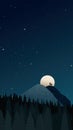 Night of mountainscape with full moon, wolf howling and pines forest vector illustration. Royalty Free Stock Photo