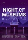 Night of museums cartoon flyer with dinosaur.