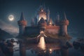 night mystical castle with towers on the river shore Generative AI