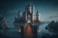 night mystical castle with towers on the river shore Generative AI