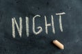 NIGHT. The name of the time of day is written in yellow chalk on a black chalkboard. The text is handwritten. Next to it is a Royalty Free Stock Photo