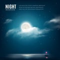 Night nature background cloudy sky with stars, moon and calm sea with beacon Royalty Free Stock Photo