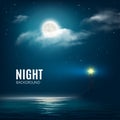 Night nature cloudy sky with stars, moon and calm sea with lighthouse Royalty Free Stock Photo