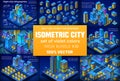 Night neon isometric city set of 3d module block district