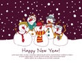 Night new year group snowmen greeting card.