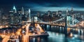 night New York city panoramic , blurred neon light reflection,sea water , starry sky and moon Royalty Free Stock Photo