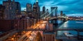 night New York city panoramic , blurred neon light reflection,sea water , starry sky and moon Royalty Free Stock Photo