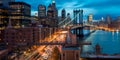 night New York city panoramic , blurred neon light reflection,sea water , starry sky and moon Royalty Free Stock Photo