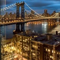 night New York city panoramic , blurred neon light reflection,sea water , starry sky and moon Royalty Free Stock Photo