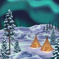 Night Northern Landscape with Aurora Borealis