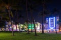 Night at Ocean Drive Miami Beach neon hotel lights