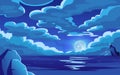 Night ocean landscape with cloud in sky. Dark scene, sea moon horizon, space time, magic lake with moonlight. Deep dark