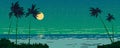 Night ocean view on the seashore, Moon, beach, palms, starry sky, horizon Royalty Free Stock Photo
