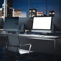 Night office interior with bright display . 3d rendering