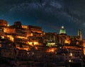 Night old medieval Ragusa Ibla famos Sicilian town view (Sicily, Italy) and Milky Way stars above Royalty Free Stock Photo