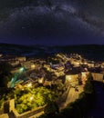 Night old medieval Stilo famos Calabria village view with Milky Way galaxy stars above , southern Italy