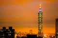 Night Ornage of Tallest Taipei 101 building in Taiwan