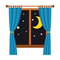 Night out the window with blue curtains isolated on white background. Sleep and rest Royalty Free Stock Photo