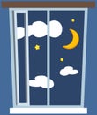 Night out window icon in cartoon style on blue background. Night sky with stars, clouds and moon Royalty Free Stock Photo