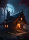 Night over charming cabin in the forest under full moon. Amazing digital illustration. CG Artwork Background