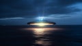 a disk-shaped alien spacecraft lands on the ocean coast, above the water surface.