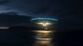 a disk-shaped alien spacecraft lands on the ocean coast, above the water surface.