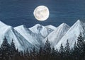 Full moon over the mountains   - Acrylic painting Royalty Free Stock Photo