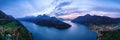 Night panorama of the canton Schwyz, Lake Lucerne. City Brunnen and Morschach. Night lights. Aerial view