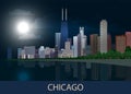 Night panorama Chicago city downtown with skyscrapers, lake Michigan, green trees and full moon in dark blue sky. Cityscape, view, Royalty Free Stock Photo