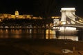 Night panorama of the Danube river, Szechenyi Chain Bridge and the Buda Castle, Budapest, Hungary Royalty Free Stock Photo