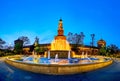 The night panorama of the fountain and Castello Sforzesco in Milan, Italy Royalty Free Stock Photo