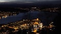 Night Panorama of the harbour in Bergen city from Floyen viewpoint in Norway in autumnof Royalty Free Stock Photo