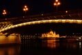 Night panorama of the Hungarian Parliament in Budapest. view from under the Margaret bridge Royalty Free Stock Photo